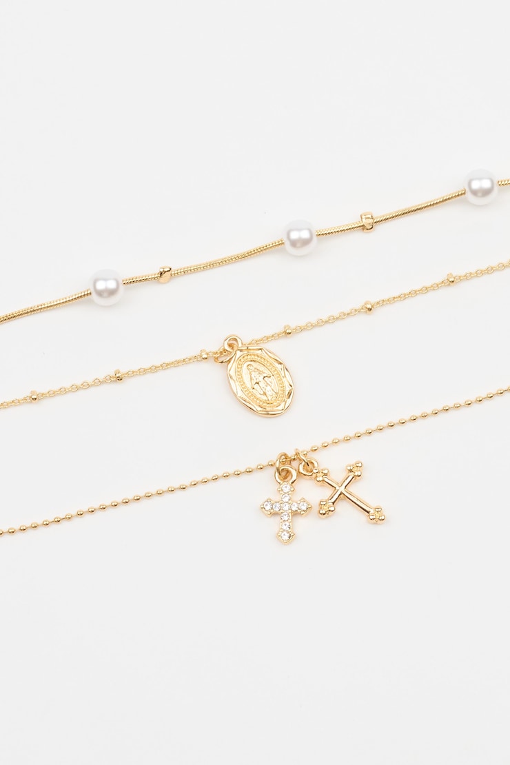 Set of 3 Pearl, Cross, and Pendant Necklaces White - Image 2