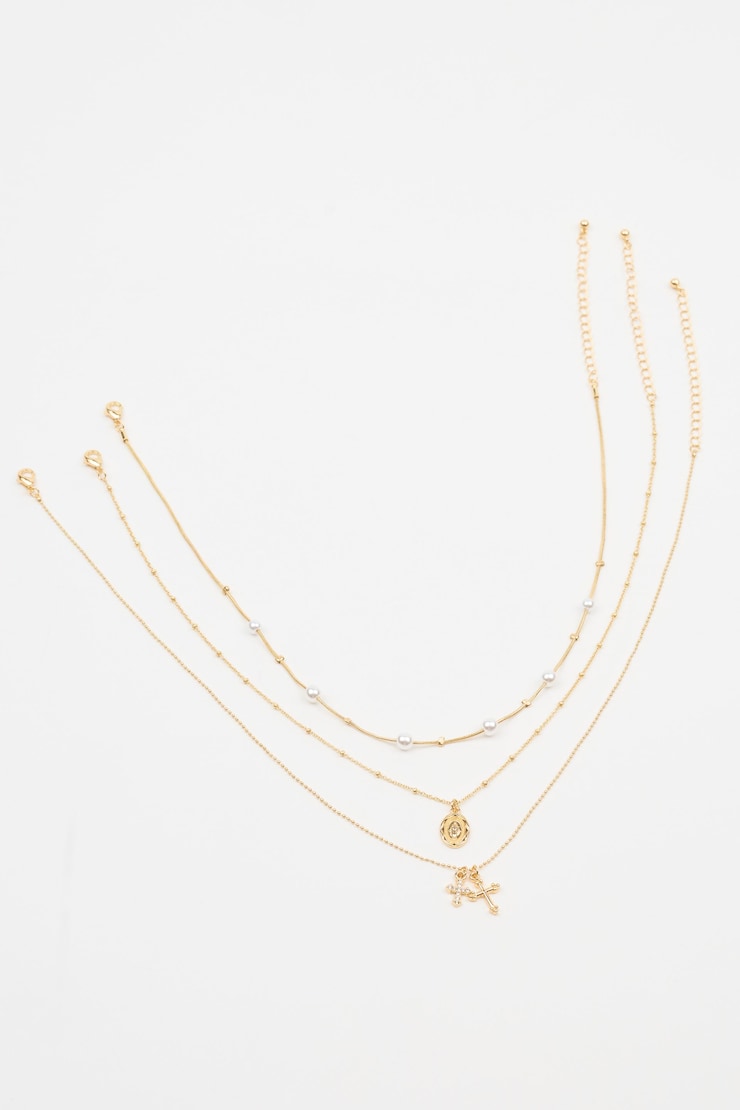 Set of 3 Pearl, Cross, and Pendant Necklaces White - Image 3