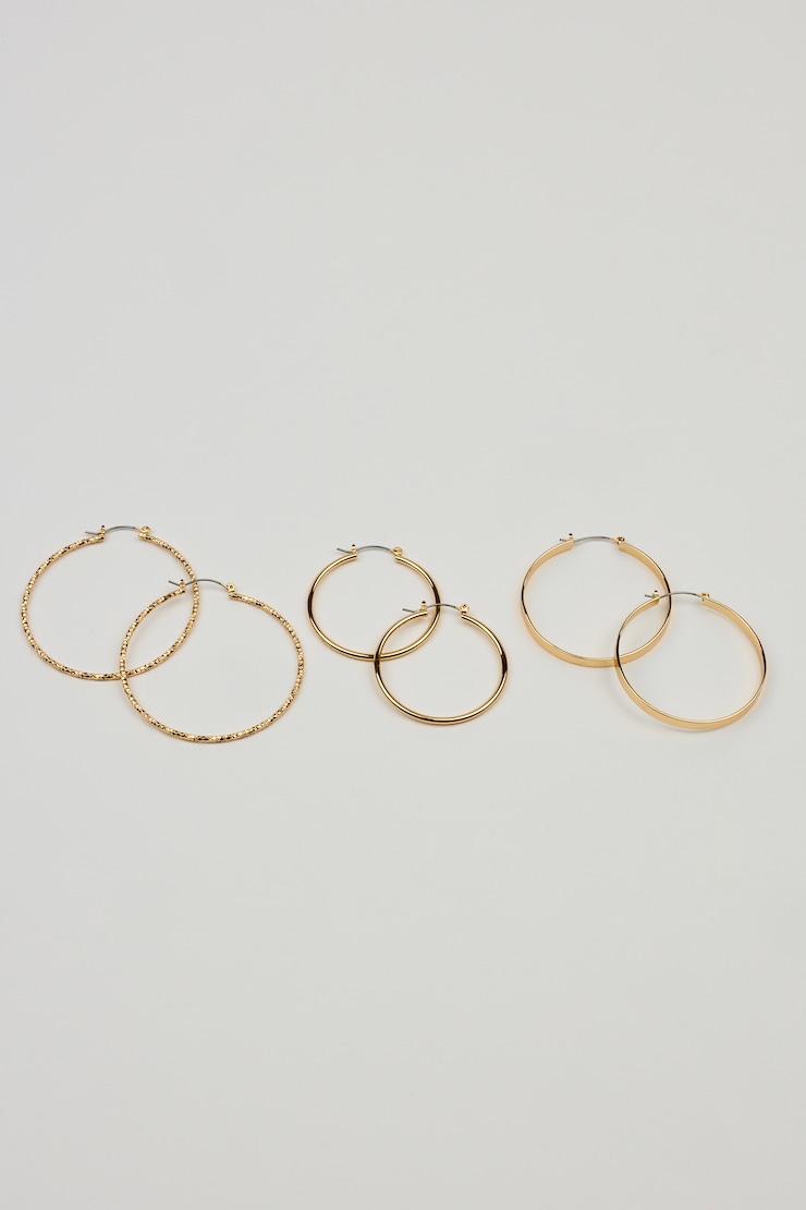 3 Pack Smooth & Textured Hoop Earrings Yellow - Image 2