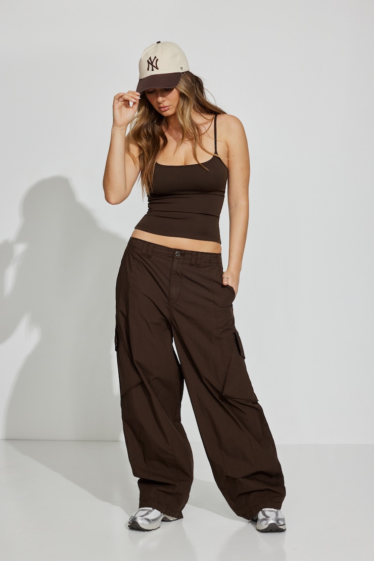 Low Rise Baggy Poplin Cargo Pants Brown