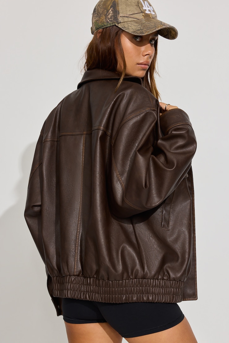 Oversized Faux Leather Stand Collar Bomber Brown - Image 4