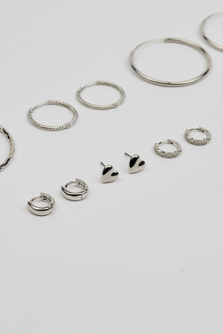6 Pack of Mini Studs & Thin Hoop Earrings Gray - Image 4