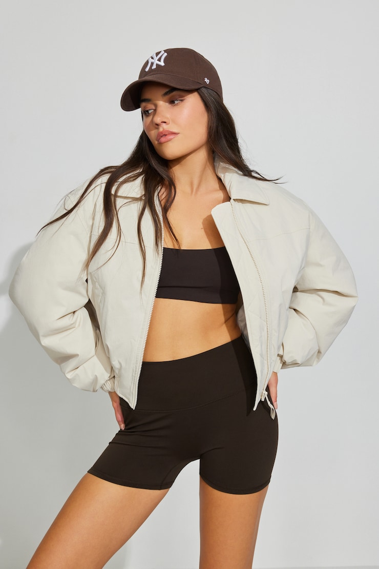 Cropped Nylon Bomber Jacket Beige